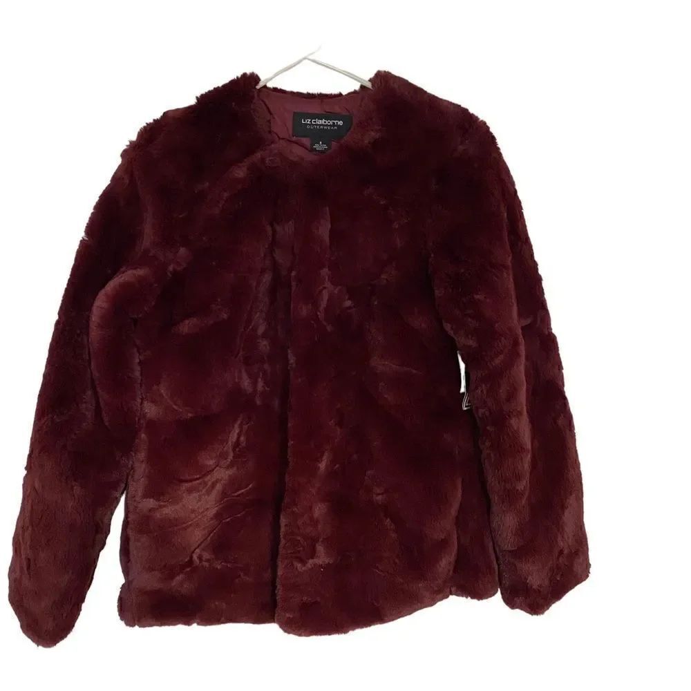 Liz Claiborne Collection NEW wine-red faux fur coat size SMALL pockets